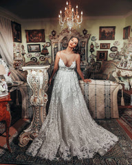 Gorgeous Long A Line V Neck Wedding Dress with 3D Floral Lace