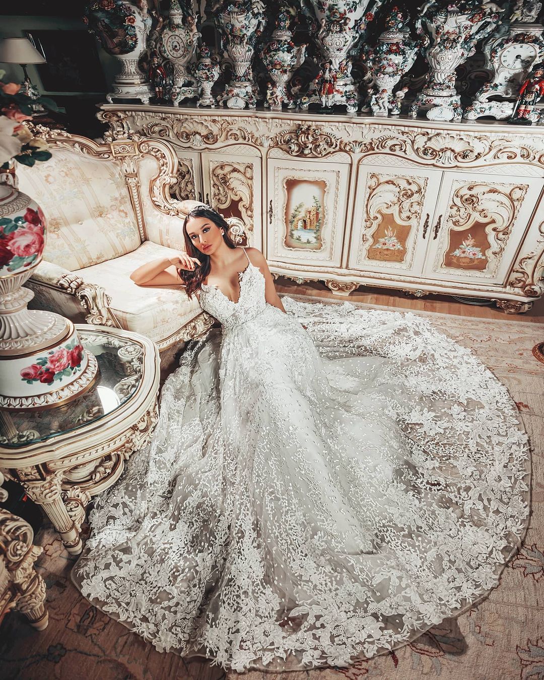 Gorgeous Long A Line V Neck Wedding Dress with 3D Floral Lace