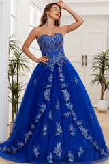 Gorgeous & Luxuru Ball Gown Strapless Sleeveless Beaded Flower Appliques Royal Blue Tulle Quinceanera Dress Formal Evening Party Dress For Sweet 16