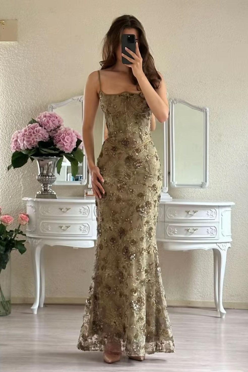 Gorgeous Mermaid Spaghetti Straps Green Lace Long Prom Dress With Appliques Formal Evening Gown