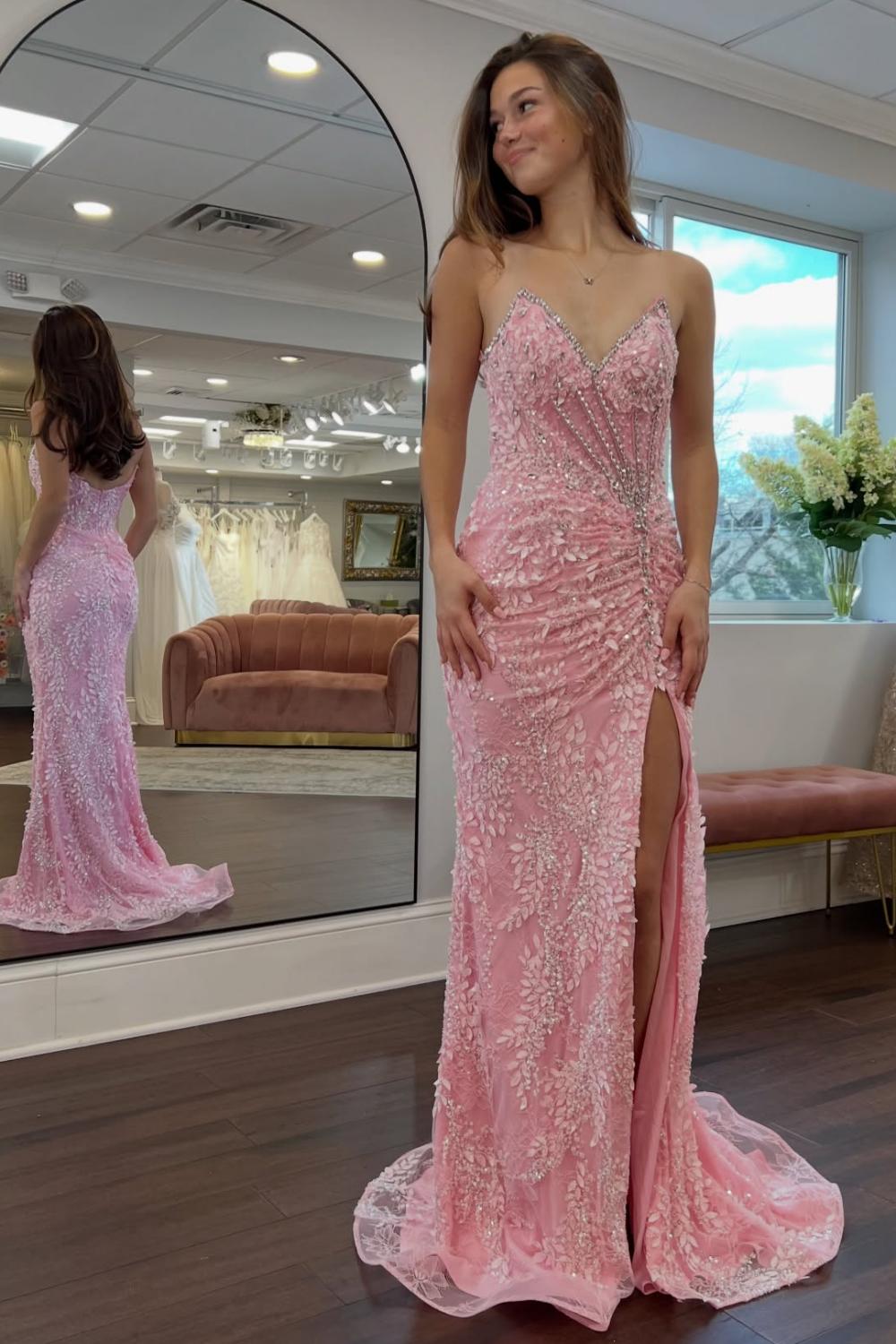 Dressystars Gorgeous Mermaid Sweetheart Pink Long Prom Dress With Split Front Appliques Formal Evening Gown