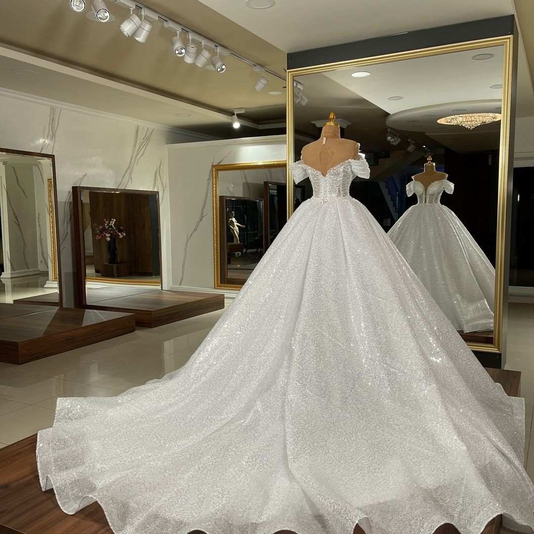 Gorgeous Off the Shoulder Long Ball Gown Wedding Dress with Sequins