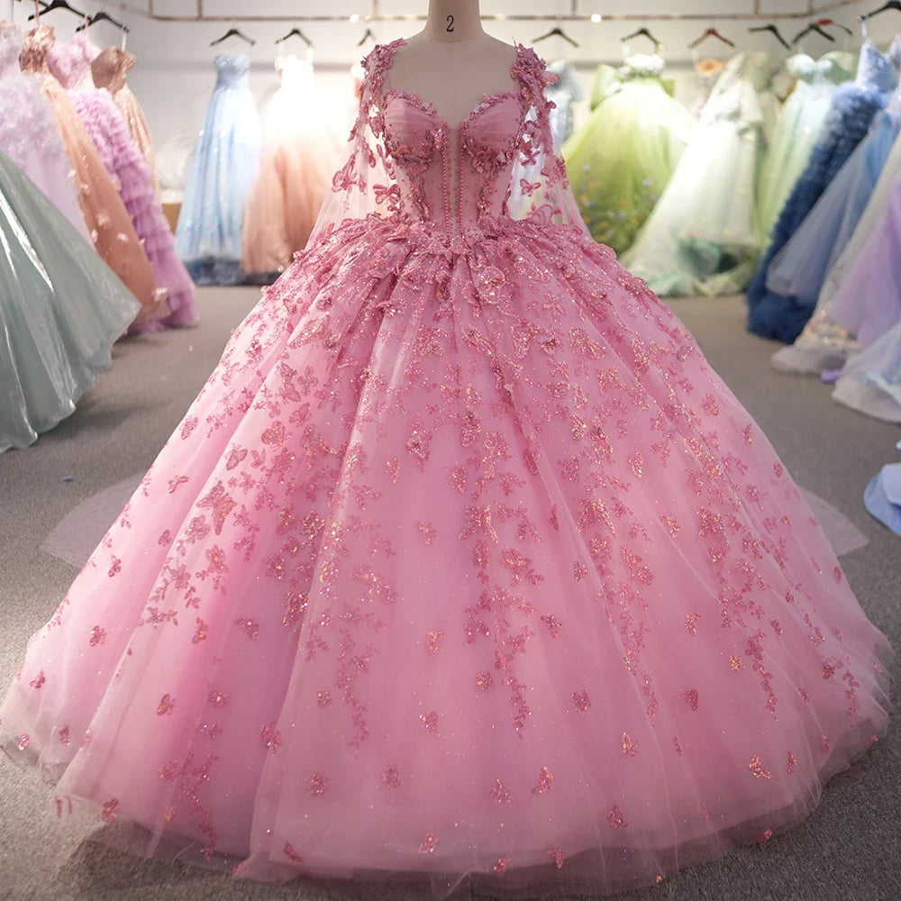 Gorgeous Quinceanera Dress With Cape Pink Color Sexy Appliques Bead Formal 16 Year Party Ball Gown Dress