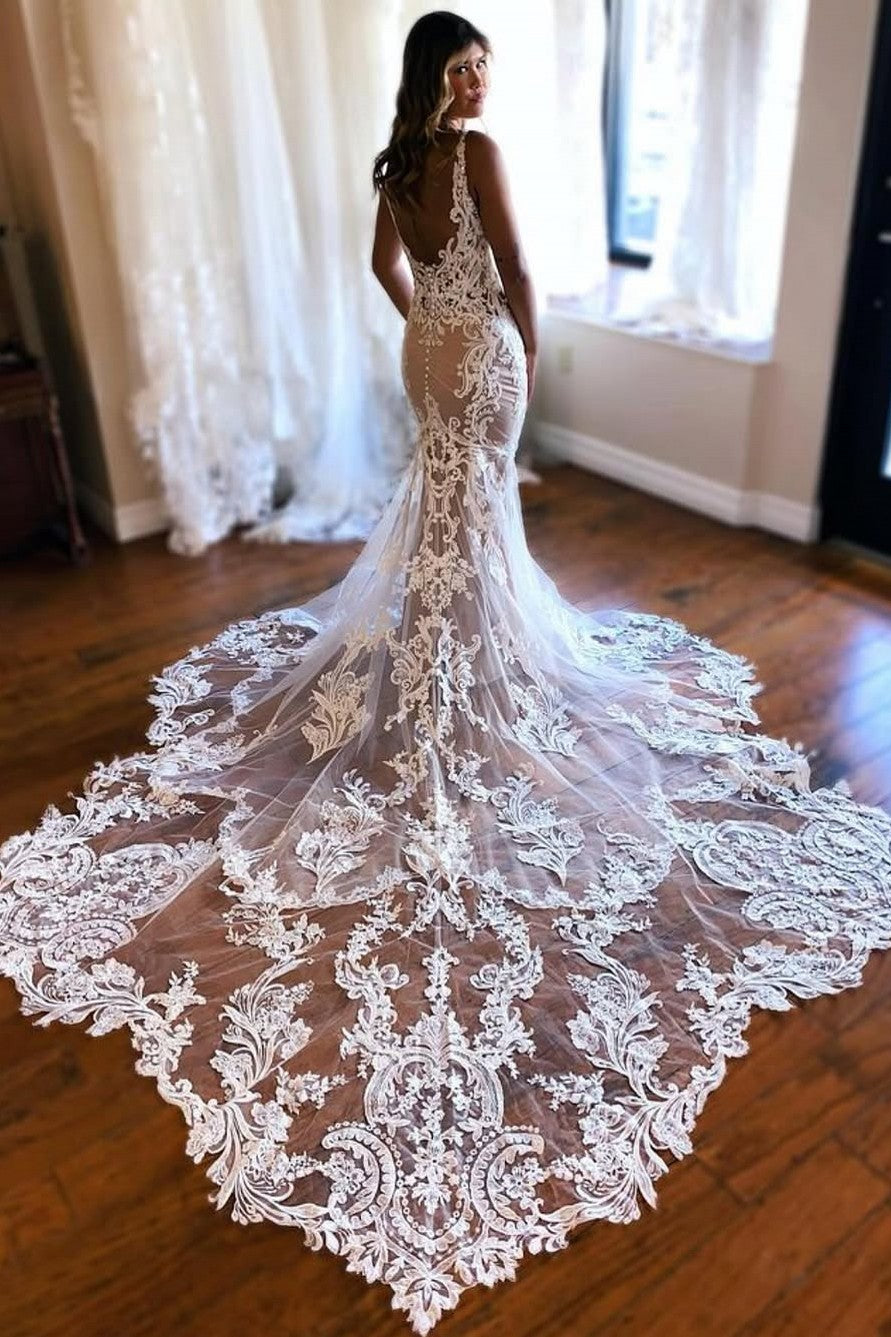 Gorgeous White and Champagne Wedding Dress V Neck Mermaid Lace Bridal Dress Gorgeous White and Champagne Wedding Dress V Neck Mermaid Lace Bridal Dress