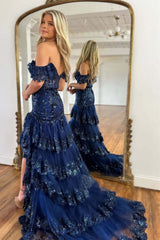 Off the Shoulder Mermaid Prom Dress Tiered Formal Dress Sequined Tulle Evening Dress
