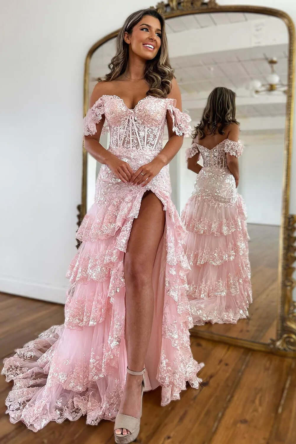 Off the Shoulder Mermaid Prom Dress Tiered Formal Dress Sequined Tulle Evening Dress