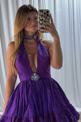 Grape Halter Ruffled Homecoming Dresses Short Cocktail Dresses With Rhinestone