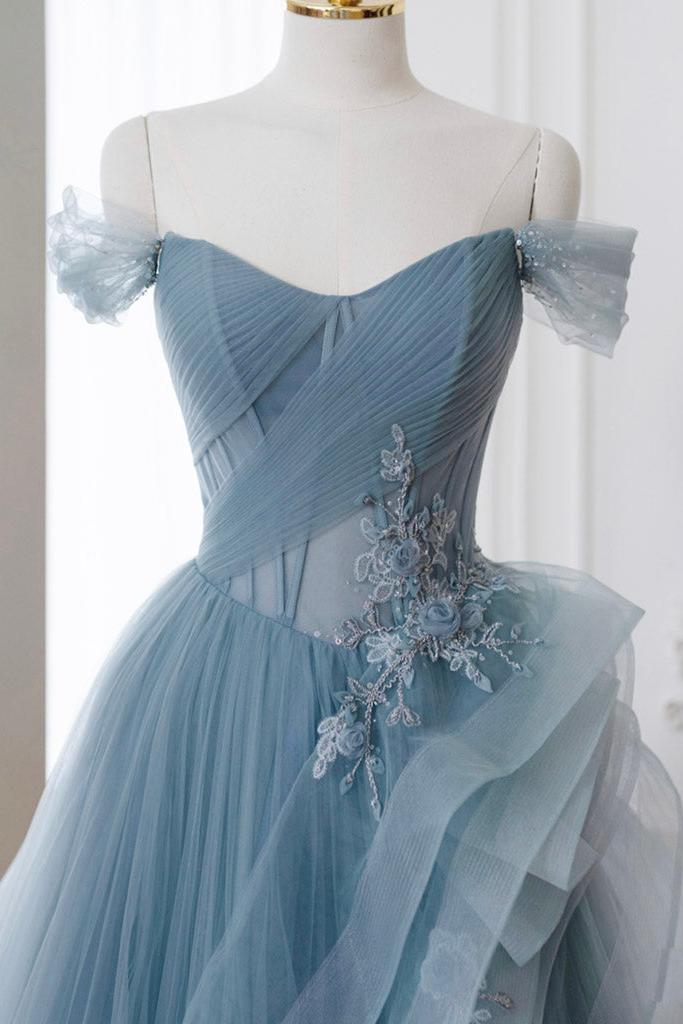 Gray Blue Prom Dress A Line Lace Long Formal Evening Dress