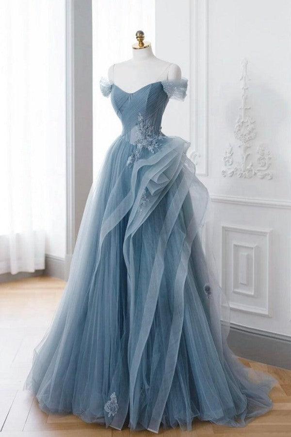 Gray Blue Prom Dress A Line Lace Long Formal Evening Dress