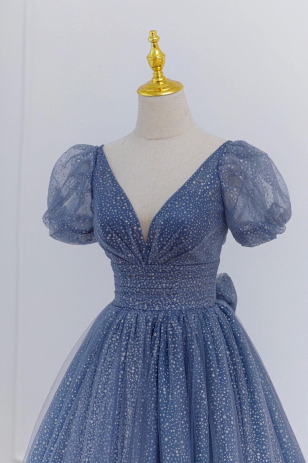 Gray Blue Prom Dress A Line Tulle Long Formal Dress Evening Dress