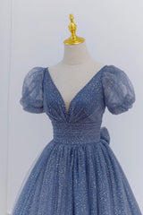 Gray Blue Prom Dress A Line Tulle Long Formal Dress Evening Dress