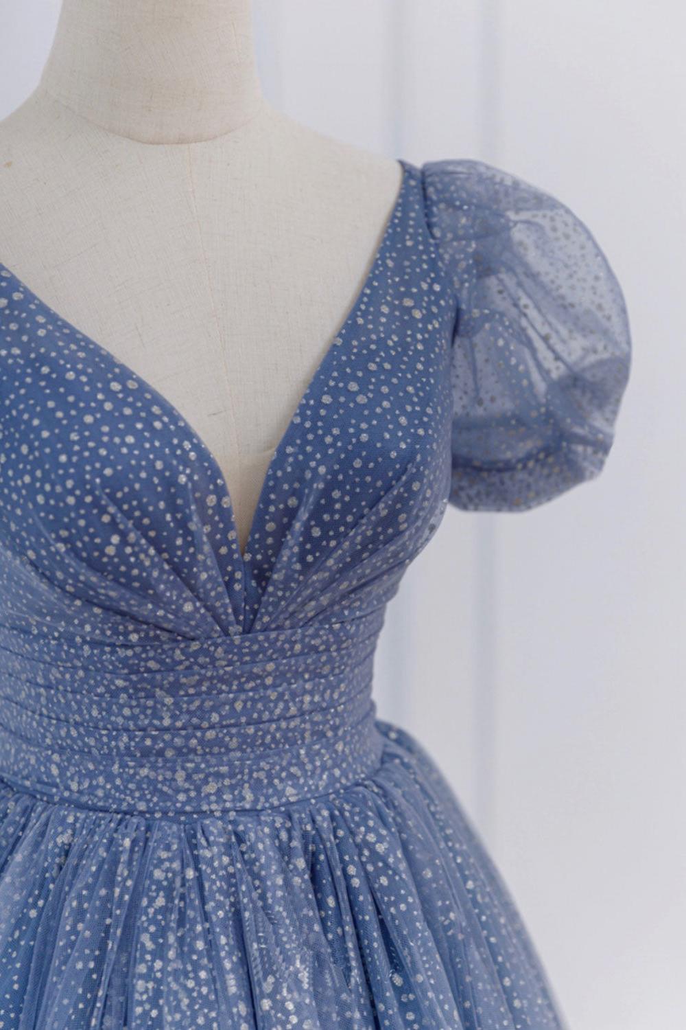 Gray Blue Prom Dress A Line Tulle Long Formal Dress Evening Dress