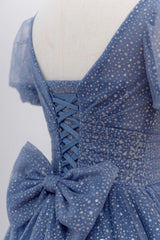 Gray Blue Prom Dress A Line Tulle Long Formal Dress Evening Dress