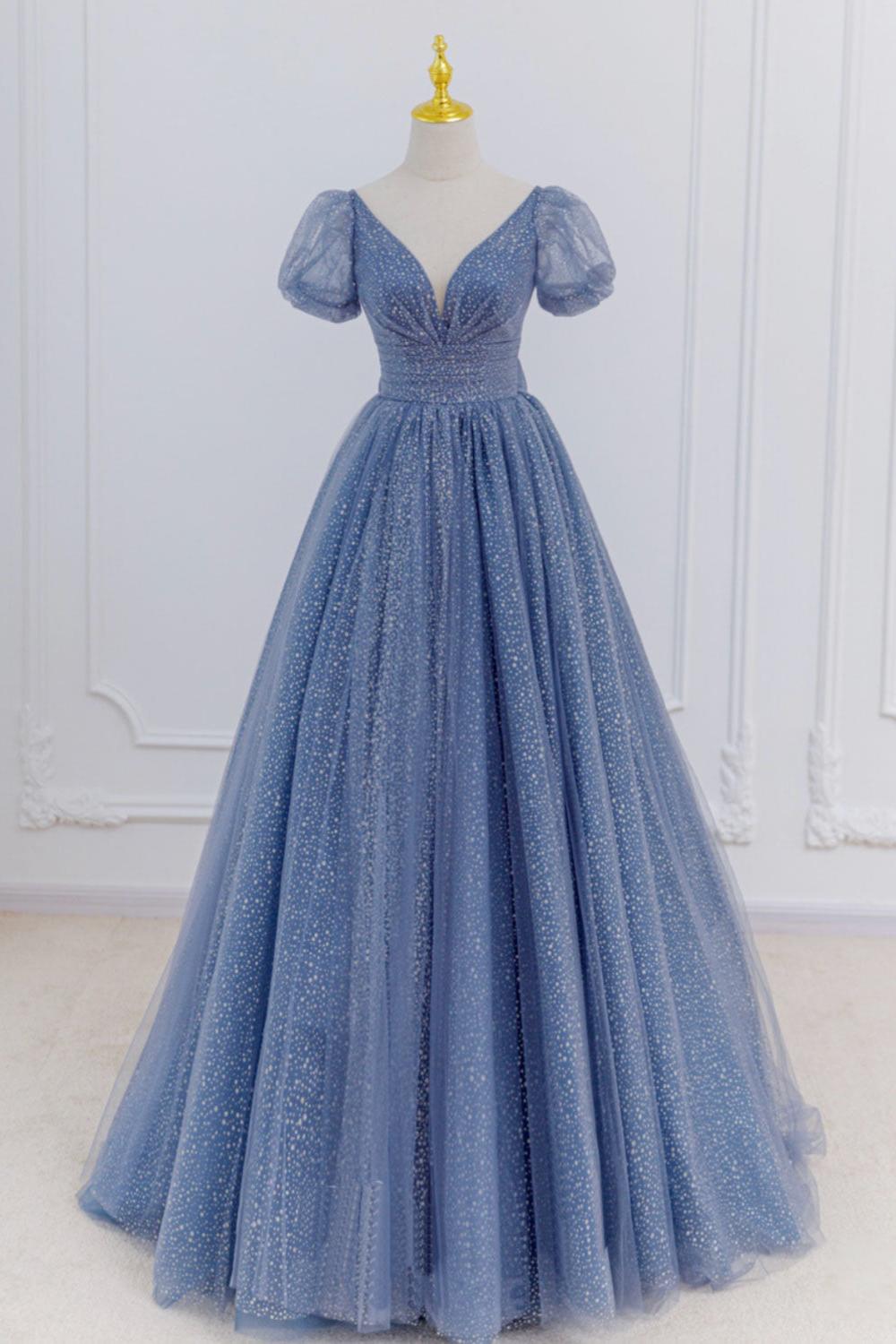 Gray Blue Prom Dress A Line Tulle Long Formal Dress Evening Dress