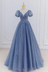 Gray Blue Prom Dress A Line Tulle Long Formal Dress Evening Dress