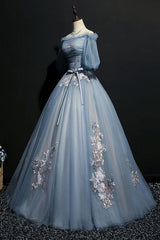 Gray Blue Prom Dress Tulle Lace Appliques Long Evening Dress