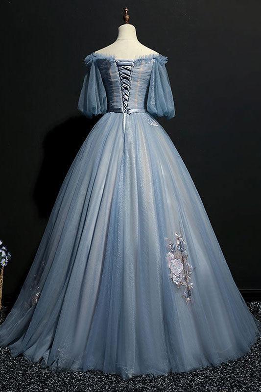 Gray Blue Prom Dress Tulle Lace Appliques Long Evening Dress