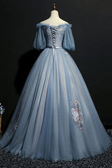 Gray Blue Prom Dress Tulle Lace Appliques Long Evening Dress