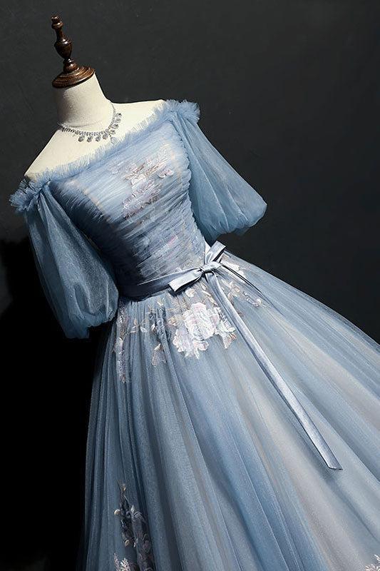 Gray Blue Prom Dress Tulle Lace Appliques Long Evening Dress