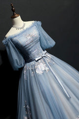 Gray Blue Prom Dress Tulle Lace Appliques Long Evening Dress