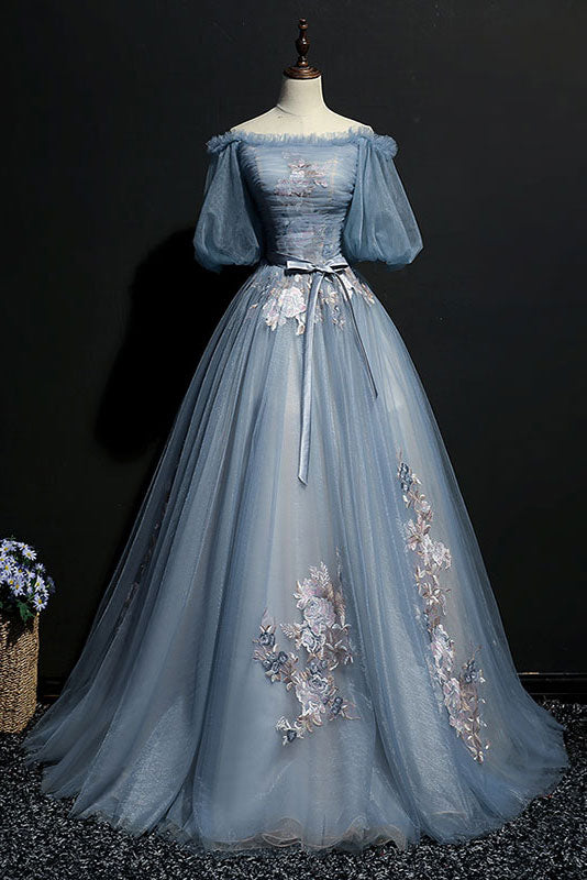 Gray Blue Prom Dress Tulle Lace Appliques Long Evening Dress