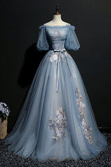 Gray Blue Prom Dress Tulle Lace Appliques Long Evening Dress