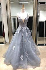 Gray Blue Prom Dress Tulle Lace Long Formal Gown Evening Dress