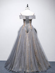 Gray Blue Prom Dress Tulle Off the Shoulder Lace Long Formal Gown Evening Dress