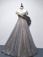 Gray Blue Prom Dress Tulle Off the Shoulder Lace Long Formal Gown Evening Dress