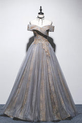 Gray Blue Prom Dress Tulle Off the Shoulder Lace Long Formal Gown Evening Dress