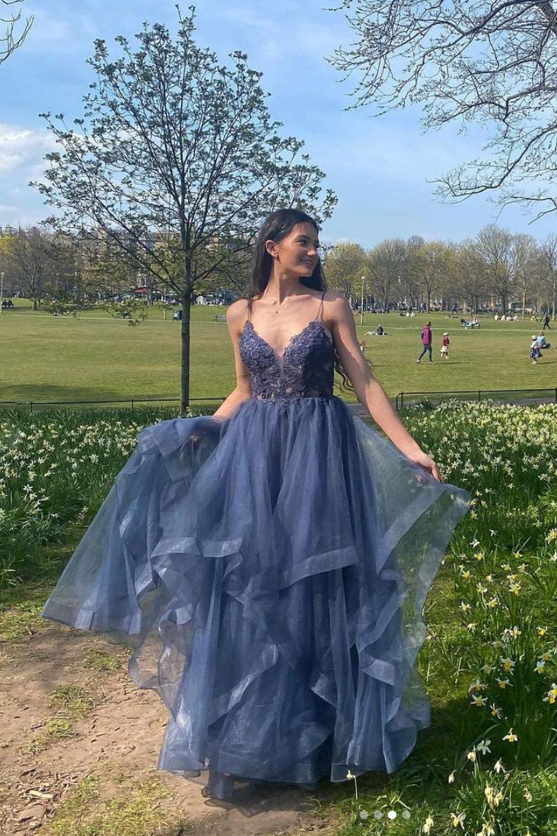 Gray Blue Prom Dress V Neck Tulle Lace Long Formal Dress Evening Dress