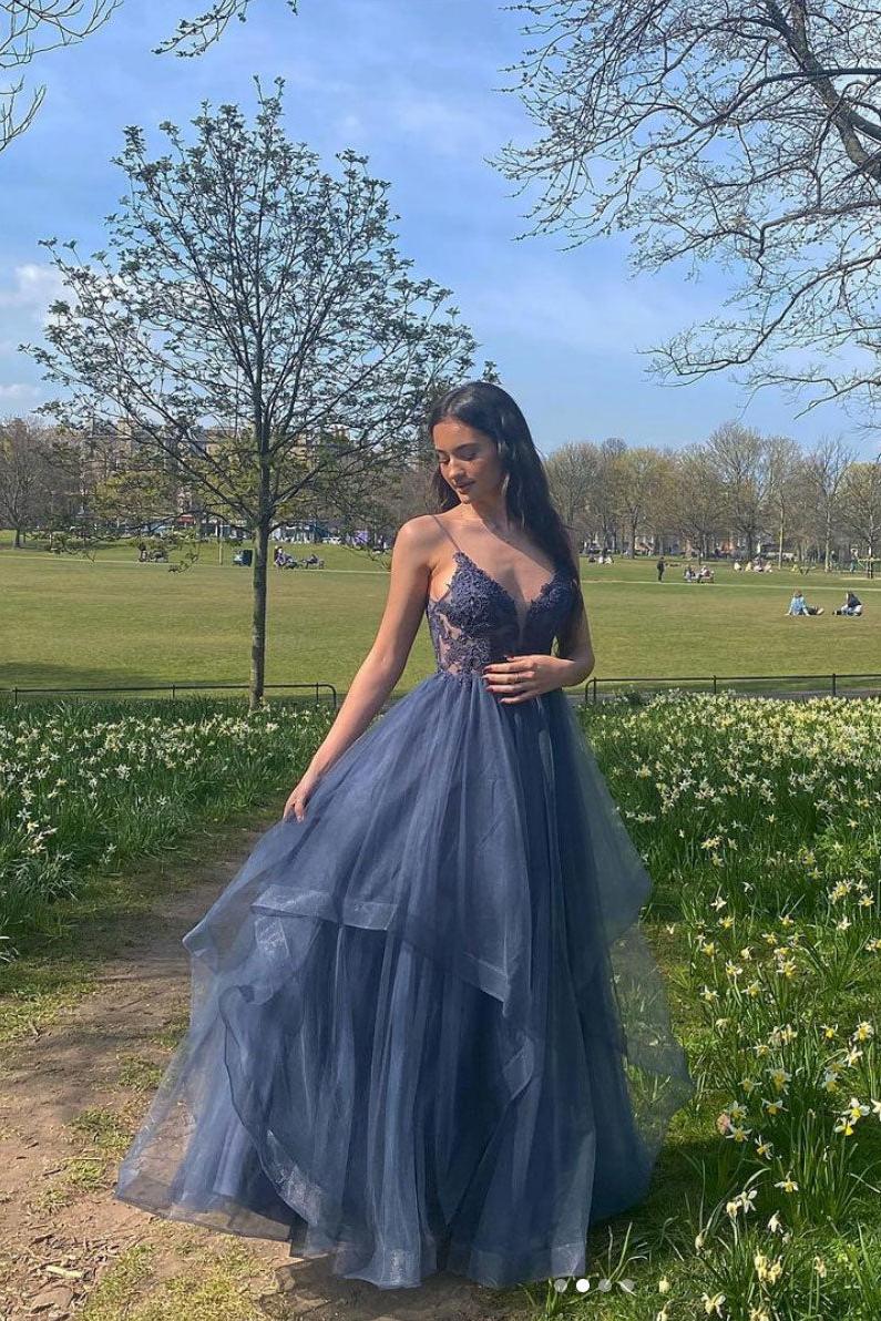 Gray Blue Prom Dress V Neck Tulle Lace Long Formal Dress Evening Dress