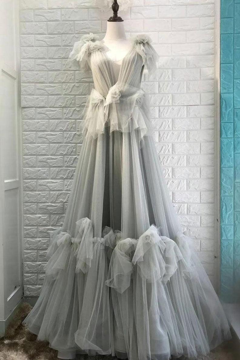 Gray Blue Prom Dress V Neck Tulle Long Evening Dress