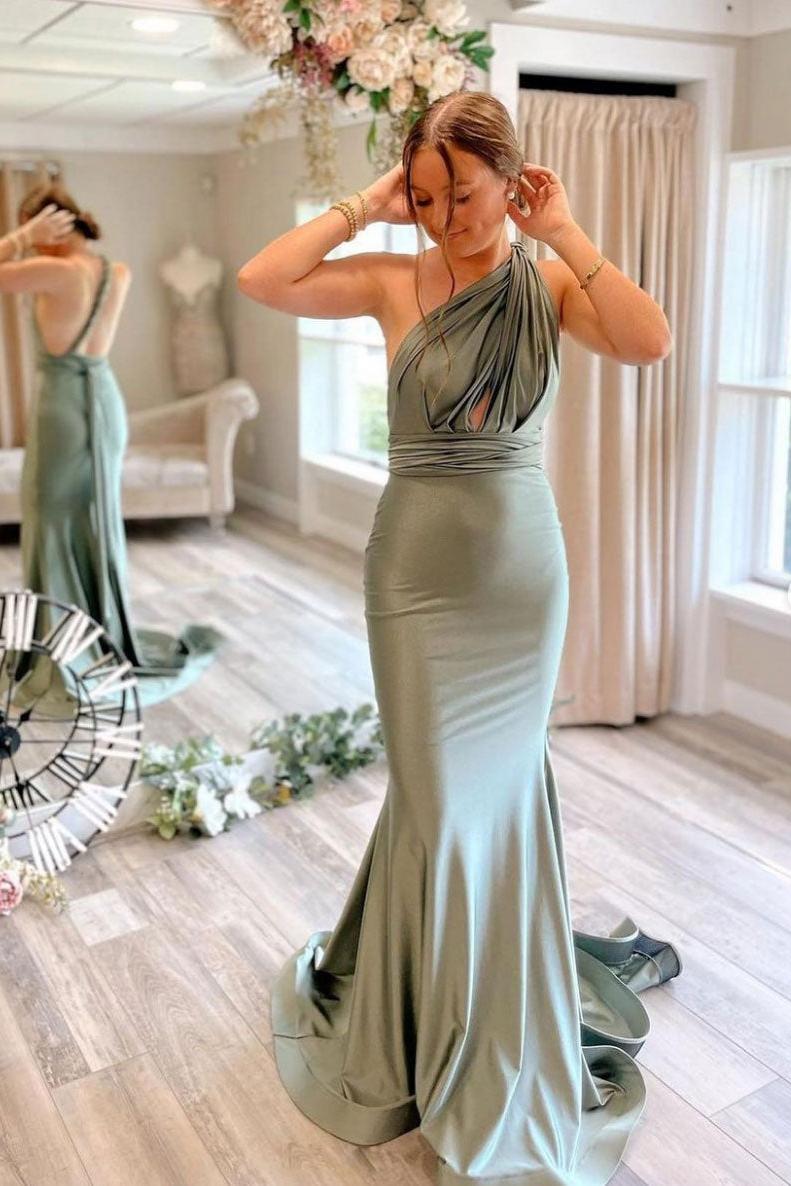 Gray Green Prom Dress Satin Mermaid Long Formal Evening Dress
