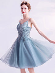 Gray Homecoming Dress Blue V Neck Lace with Beaded SequinShort Party Cocktail Dress