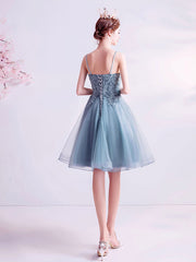Gray Homecoming Dress Blue V Neck Lace with Beaded SequinShort Party Cocktail Dress