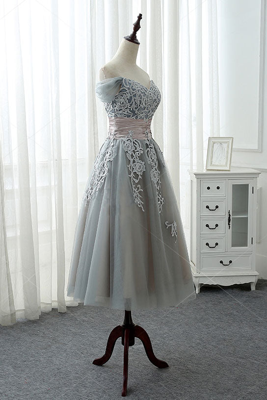 Gray Homecoming Dress Lace Tulle Formal Short Prom Dress