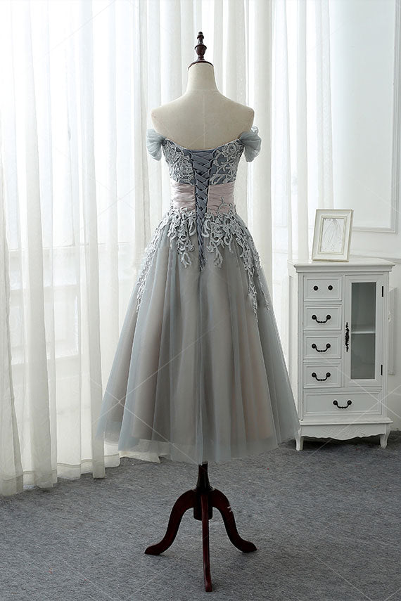 Gray Homecoming Dress Lace Tulle Formal Short Prom Dress