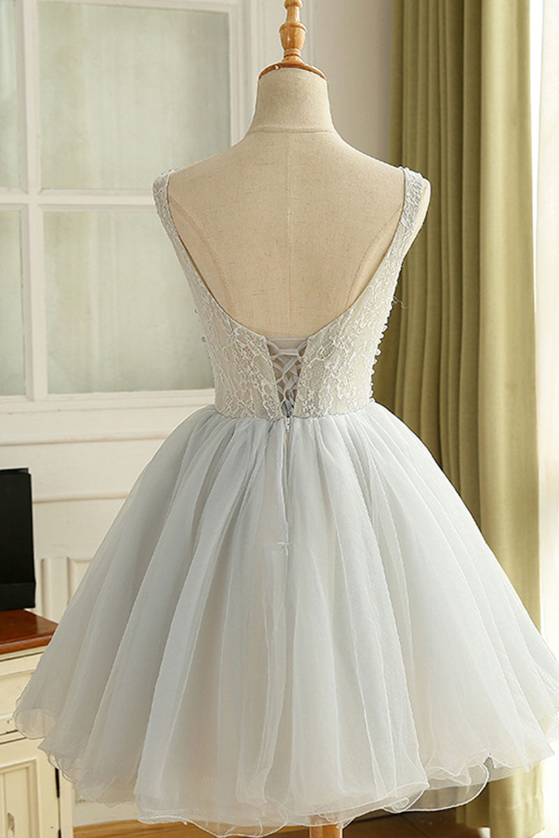 Gray Homecoming Dress Round Neck Tulle Cute Short Party Cocktail Dress