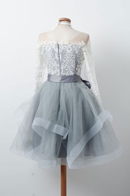 Gray Homecoming Dress Round Neck Tulle Lace Short Party Cocktail Dress