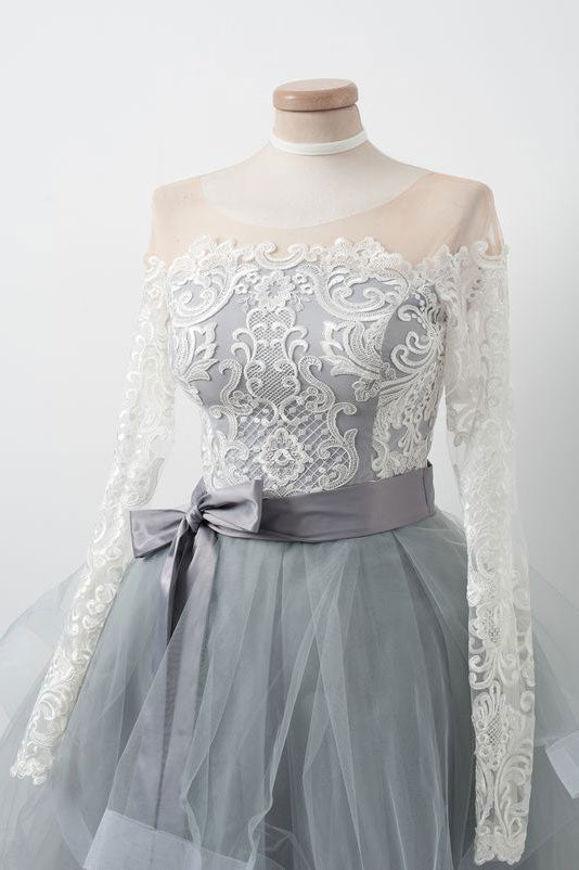 Gray Homecoming Dress Round Neck Tulle Lace Short Party Cocktail Dress