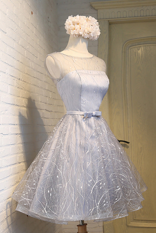 Gray Homecoming Dress Round Neck Tulle Short Party Cocktail Dress