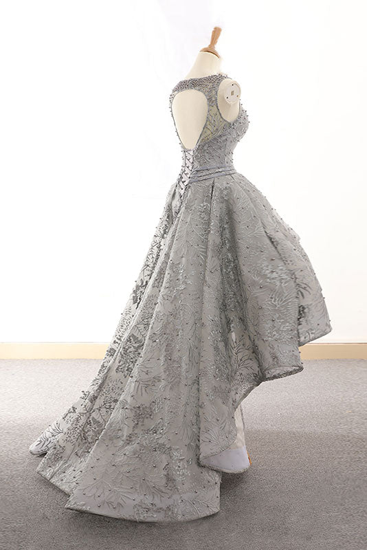 Gray Homecoming Dress Tulle Lace High Low Short Party Cocktail Dress