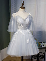 Gray Homecoming Dress Tulle Lace Short Party Cocktail Dress