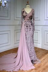 Gray Mermaid Prom Dress Long Sleeve V Neck Formal Dress With 3D Flowers