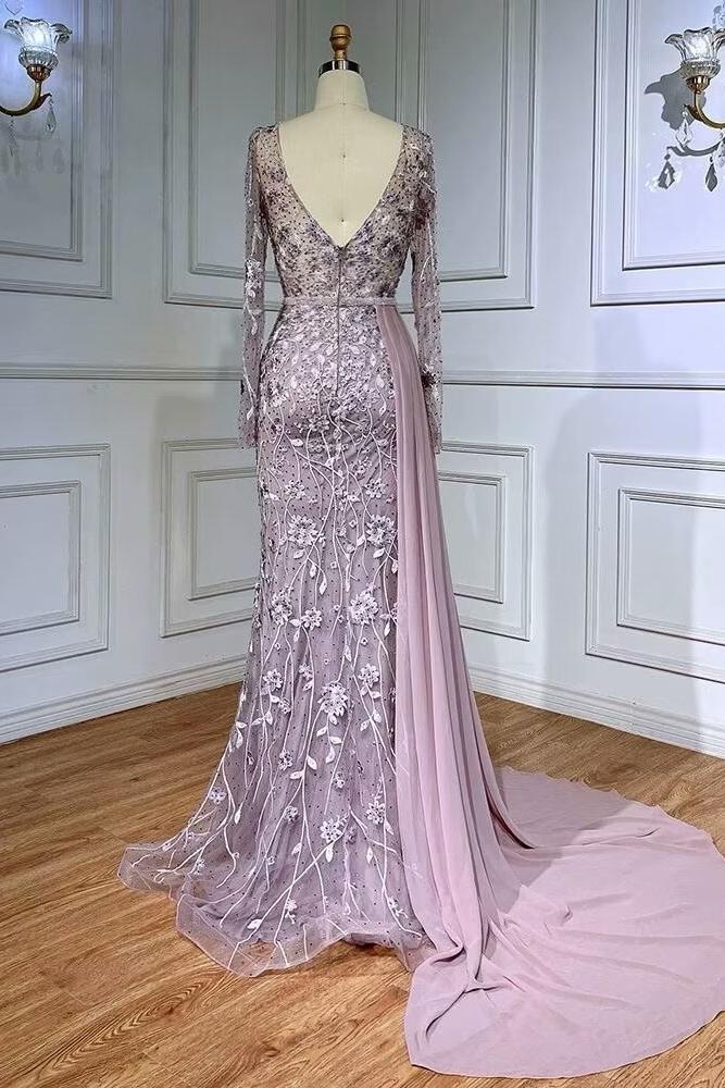 Gray Mermaid Prom Dress Long Sleeve V Neck Formal Dress With 3D Flowers