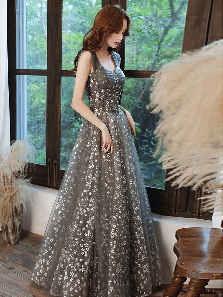 Gray Prom Dress A Line Tulle Beaded Long Formal Party Dress Formal Gown Evening Dress