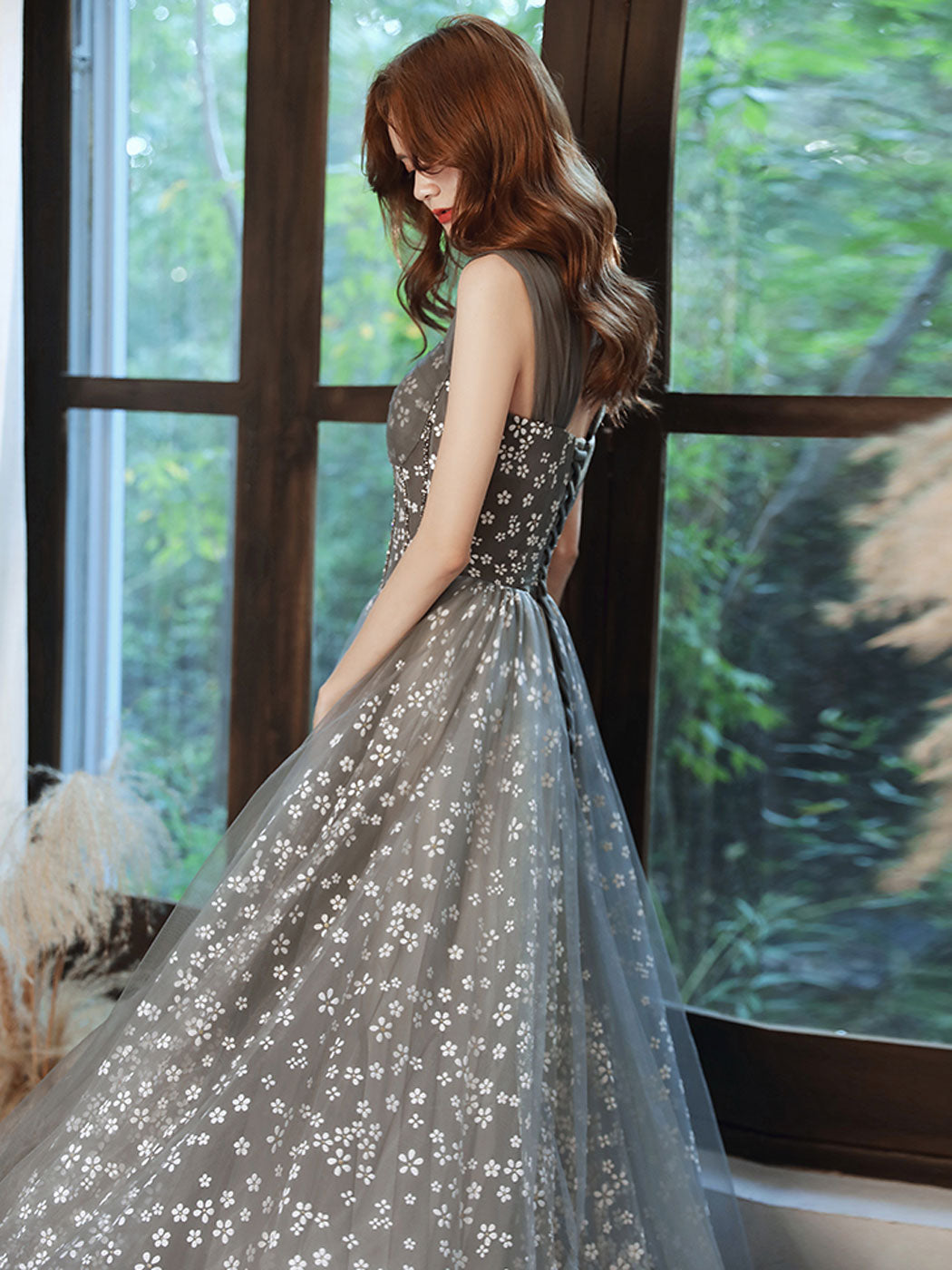 Gray Prom Dress A Line Tulle Beaded Long Formal Party Dress Formal Gown Evening Dress