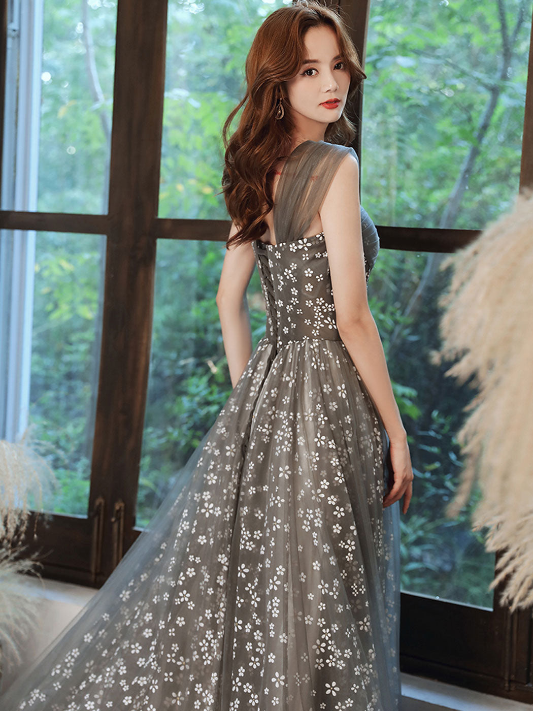 Gray Prom Dress A Line Tulle Beaded Long Formal Party Dress Formal Gown Evening Dress