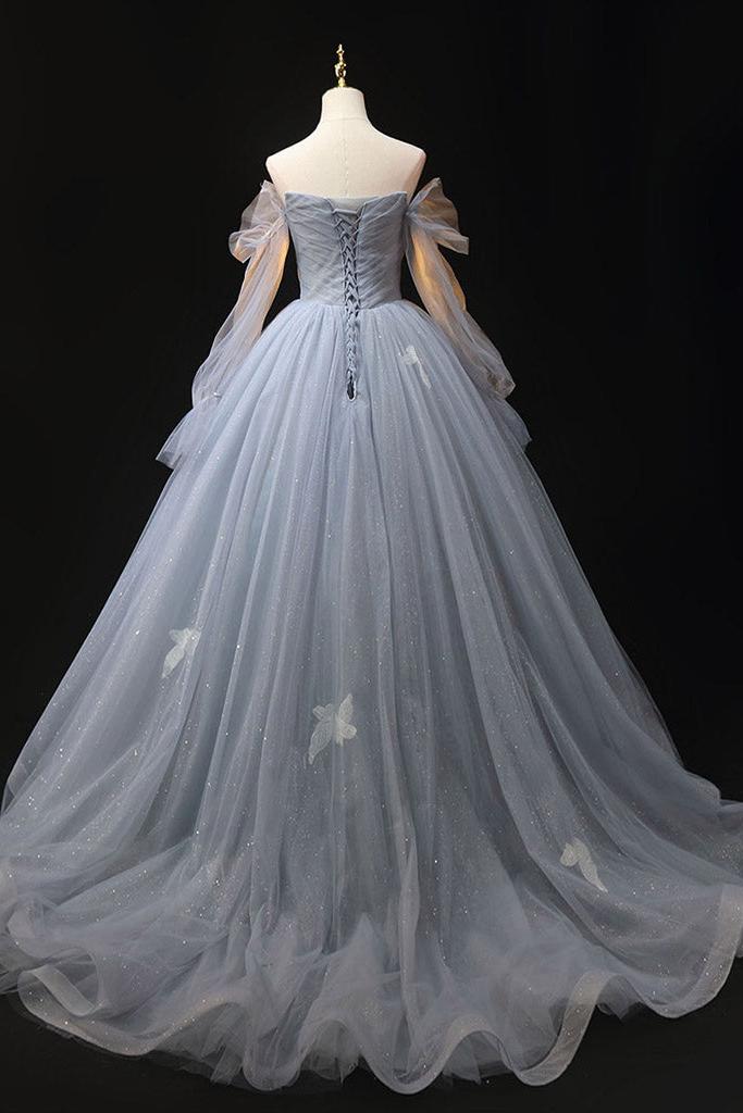 Gray Prom Dress A Line Tulle Lace Long Shiny Formal Dress Evening Dress